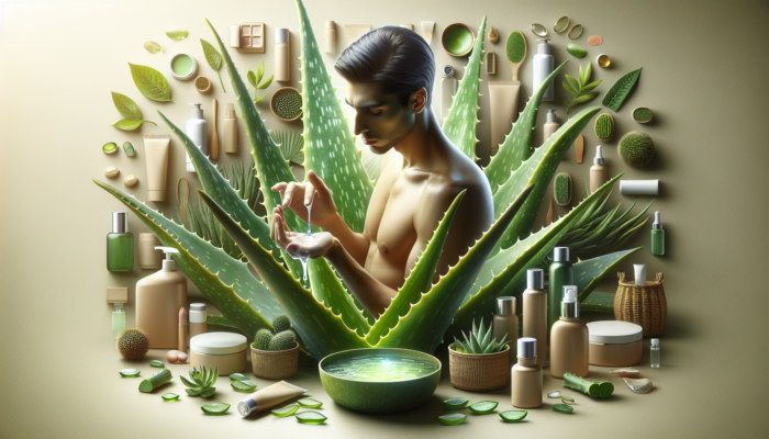 Aloe vera plant with gel, surrounding skincare products, person applying gel to sunburned skin.