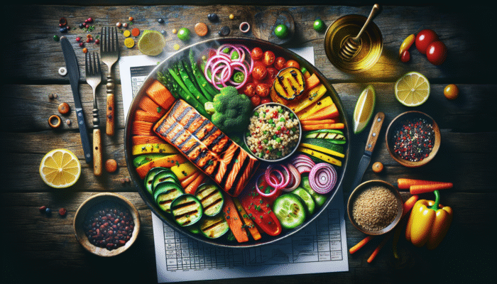 Grilled salmon, quinoa, and colourful vegetables on a rustic wooden table, steam rising.