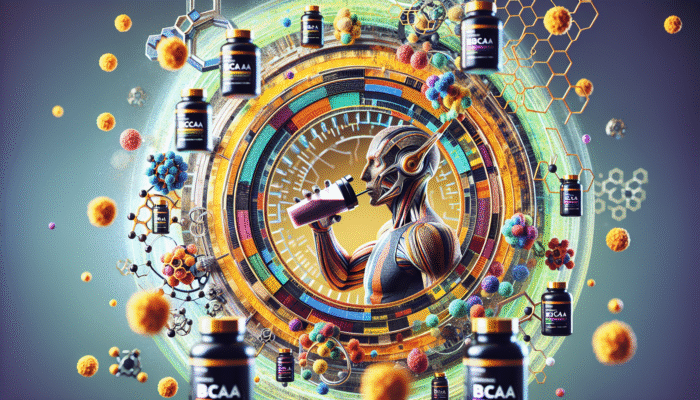 Triathlete drinking protein shake post-race, surrounded by BCAAs and supplements, muscle fibres repairing in gym.