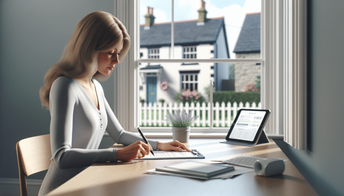 Individual executing Lasting Power of Attorney at a desk, with a UK home visible through the window, representing remote management.