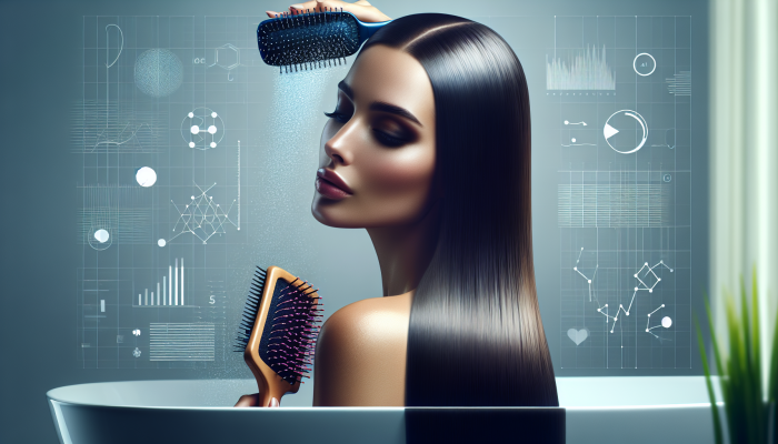 Selecting the Ideal Hairbrush: A woman using a paddle brush on straight hair in a chic bathroom, enhancing shine and smoothness.