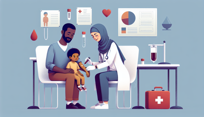 Child Blood Test Prep: A young child receiving a blood test in a paediatric clinic, comforted by a parent and assisted by a smiling nurse.