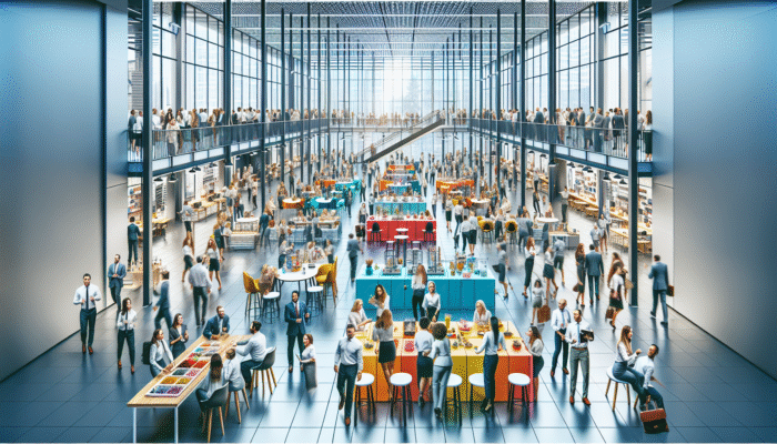 A vibrant employee sale event in a modern office featuring staff browsing discounted high-quality items, boosting morale.