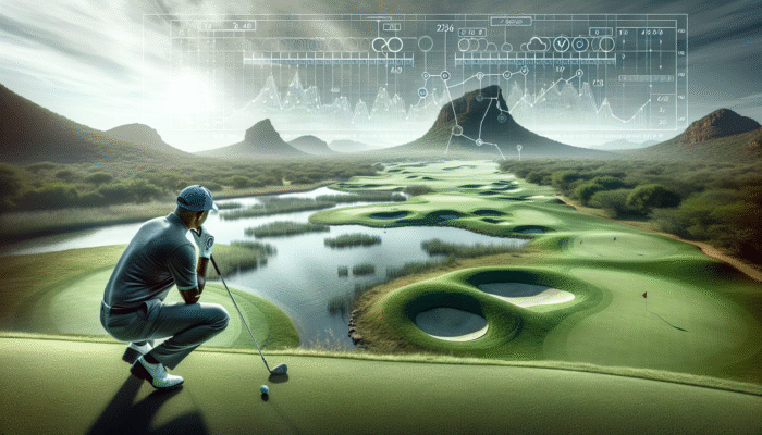 Perfecting Your Golf Swing Basics: Golfer at Leopard Creek analysing course layout, focusing on water hazards and green undulations for strategic play.