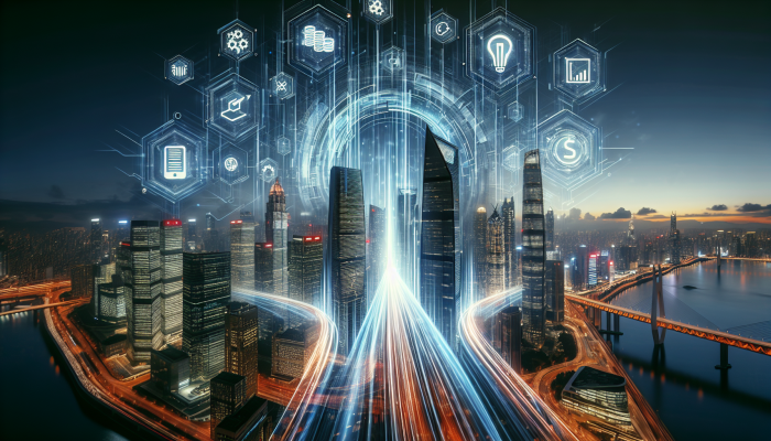 Futuristic cityscape with fintech logos on skyscrapers, data streams symbolizing efficient debt consolidation.