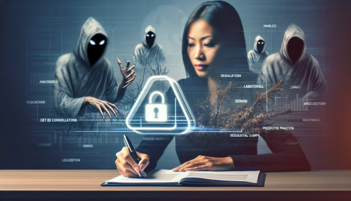 Person signing fintech loan, shadowy figures symbolize regulatory gaps and predatory risks.