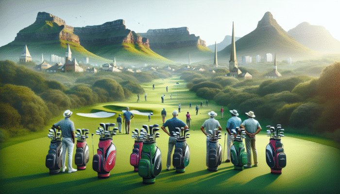 Golfers with colourful, lightweight golf bags against South African landscapes and landmarks.