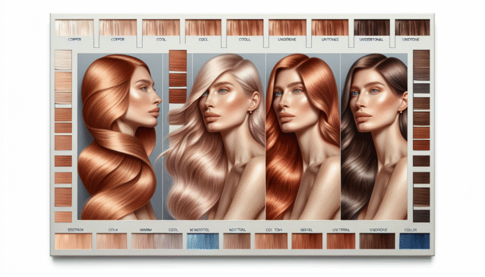 Palette of hair colors from copper to ash blonde next to skin swatches showing warm, cool, and neutral undertones.