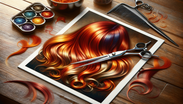 Vibrant autumn-colored hair being trimmed, showing healthy ends ready for color, with scissors and split ends on salon floor.