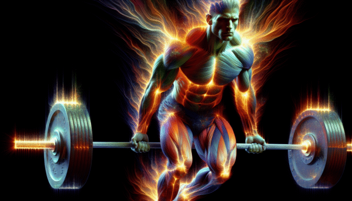 Athlete lifting weights, energised by caffeine's focus-enhancing properties.