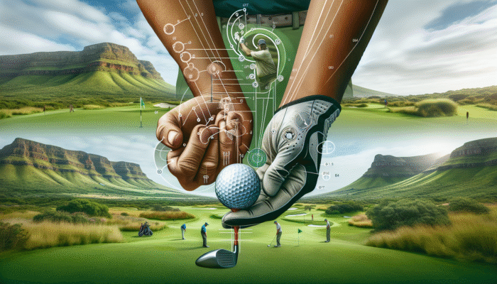 A South African golfer demonstrating grip techniques on a vibrant course, highlighting finger positioning and grip pressure.