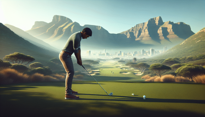 A golfer on a South African course using a club and natural surroundings for alignment, improving shot precision.