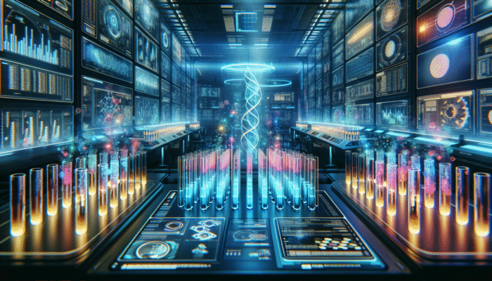 A modern laboratory with luminous test tubes and digital displays presenting protein absorption data.