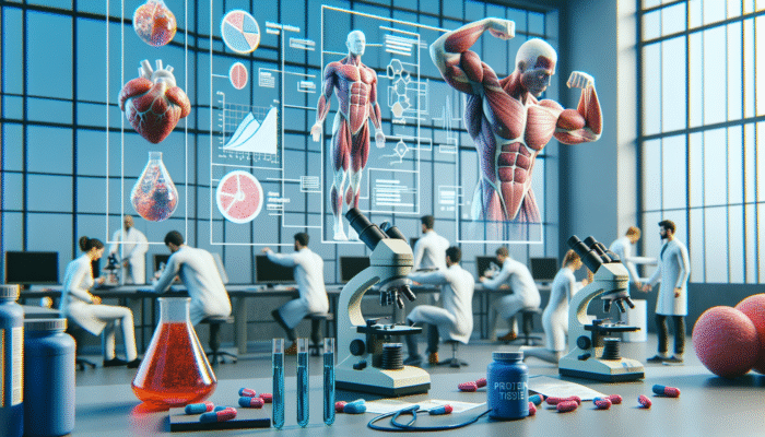 Researchers examining muscle tissue samples under microscopes, with charts and protein supplements present nearby.