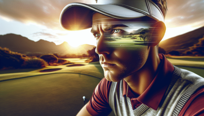 A South African golfer at dawn, visualising the course and employing deep breathing to transform anxiety into confidence.