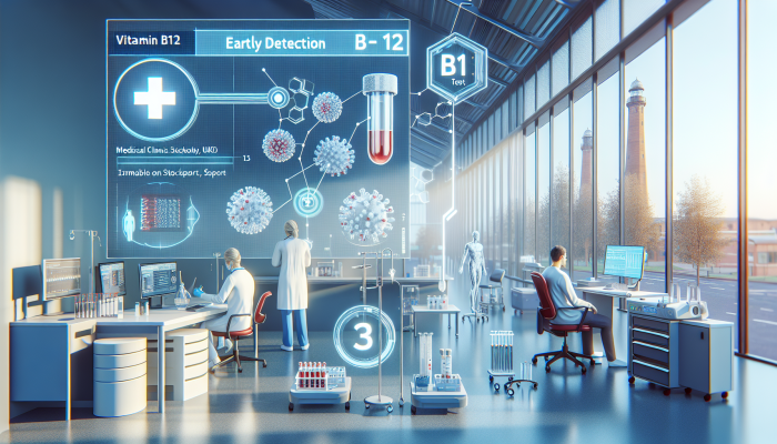Illustration of Vitamin B12 testing process in a modern UK clinic, emphasising early detection and proactive health checks in Stockport.
