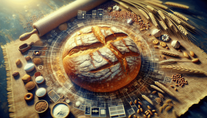 Freshly baked bread with a golden crust and chewy interior, surrounded by wheat, barley, and rye grains.