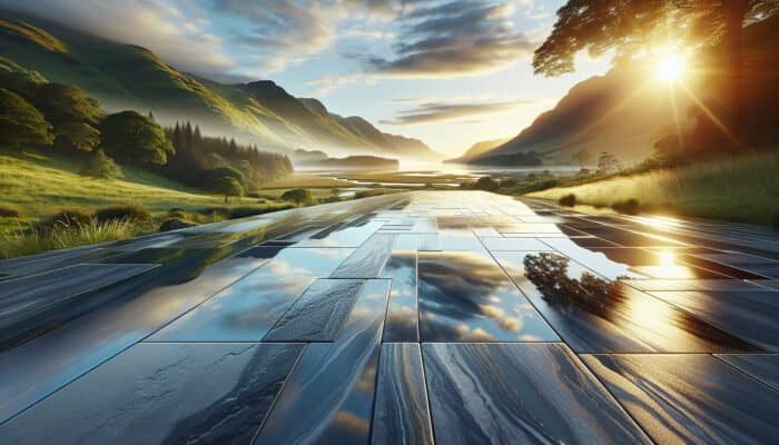 Waterproofing Stone Floors: A scenic Inverclyde landscape with a luxurious, waterproofed stone floor reflecting vibrant surroundings, showcasing durability and protection.