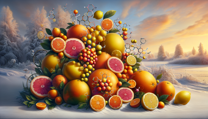 Foods for Immune System Boost: A colorful still life of citrus fruits with vitamin C molecules, set against a winter scene.