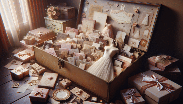 A memory box with wedding and anniversary items like invitations, gifts, and a vintage dress in a cosy room.