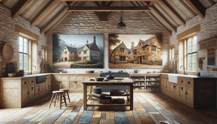 A variety of stone types found in the UK including limestone in Cotswold cottage, sandstone on historic building, granite in modern kitchen.