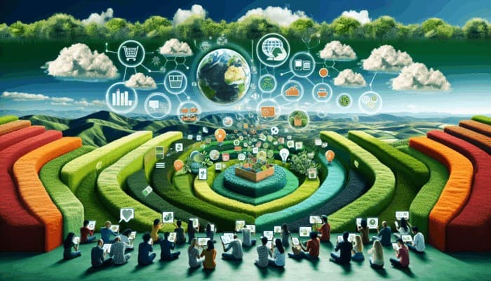 Infographic showing sustainable living trends, zero-waste tips, and eco-friendly product reviews, with diverse consumers using digital devices.