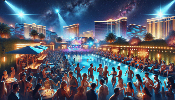 A vibrant Las Vegas nighttime pool party with dazzling lights, live music, and guests enjoying cocktails poolside under a starlit sky.