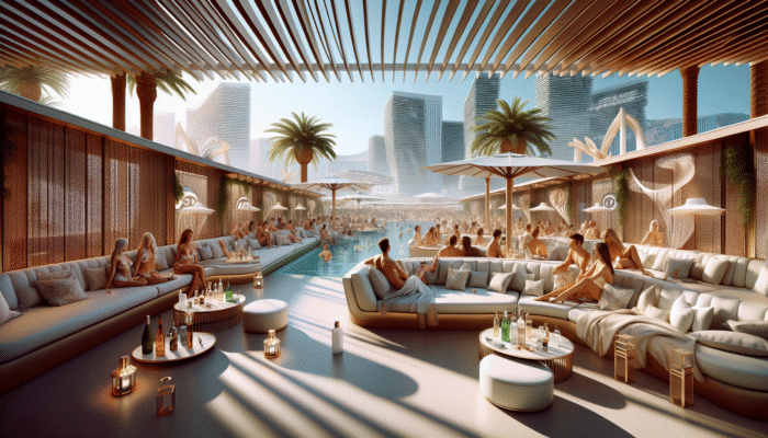 Guests in private cabanas at a day club enjoying premium bottle service and personalized mixers.