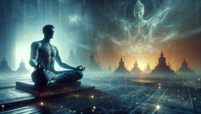 A serene person meditating at dawn with ancient symbols, symbolising improved sleep through mindfulness.