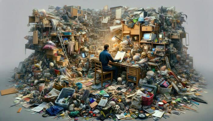 A person in a cluttered home, categorising diverse items on a clipboard, looking thoughtful.