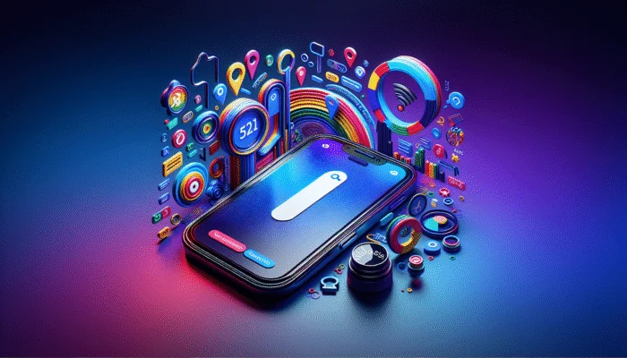Smartphone displaying zero-click search results with optimisation tips icons on a modern background.