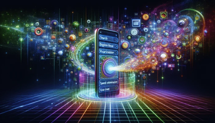 Smartphone showcasing search results with zero-click answers, surrounded by optimisation tips icons on a futuristic background.