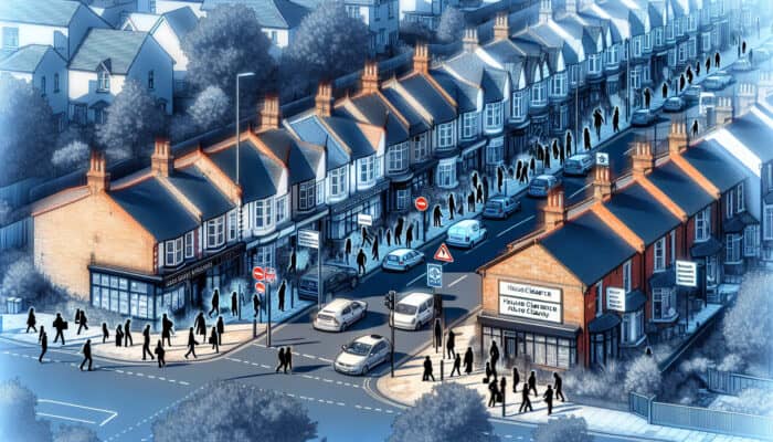 A busy UK street showing house clearance signs; properties bustling during peak times, and quiet during slower periods.