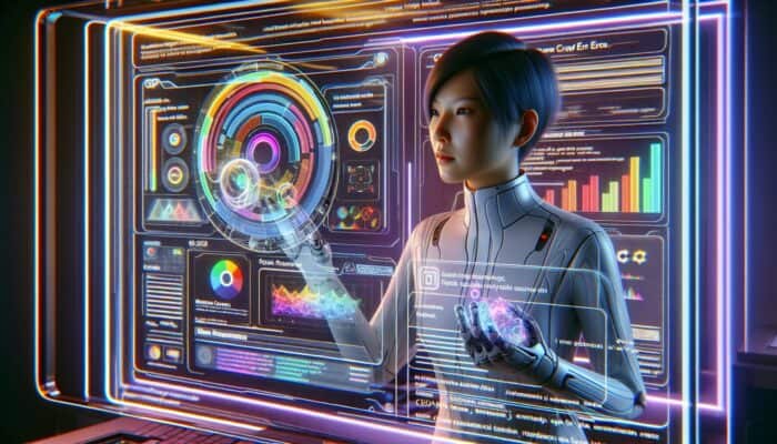 A webmaster analysing Google Search Console data on a holographic display in a futuristic, technology-driven environment.