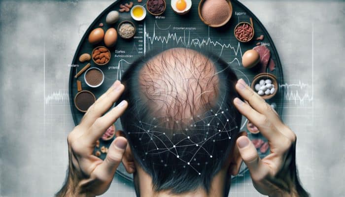 A scalp with thinning, brittle hair and loss patches next to protein-rich foods like eggs, meat, and legumes.