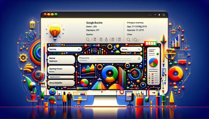Optimised Google Business Profile for Visibility: A fully completed Google Business Profile displayed on a computer screen adorned with vibrant icons and a professional layout.