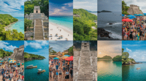 A collage of twelve photos showing beaches, ancient Mayan ruins, green landscapes, ocean views, bustling festivals with market stalls, boats on water, and people on sandy shores under clear and cloudy skies—ideal for a Belize travel guide.