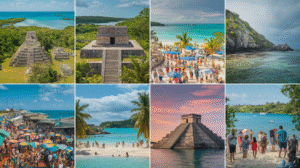 A collage of eight images depicting ancient Mayan ruins, crowded beaches, clear turquoise waters, a vibrant marketplace with colourful umbrellas, tourists, and tropical landscapes under sunny and partly cloudy skies in Belize.