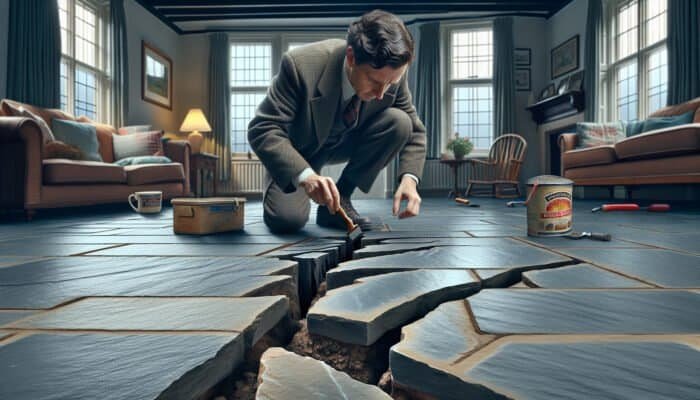 A homeowner in the UK diligently repairing a large fissure in slate flooring to prevent further deterioration and enhance longevity.