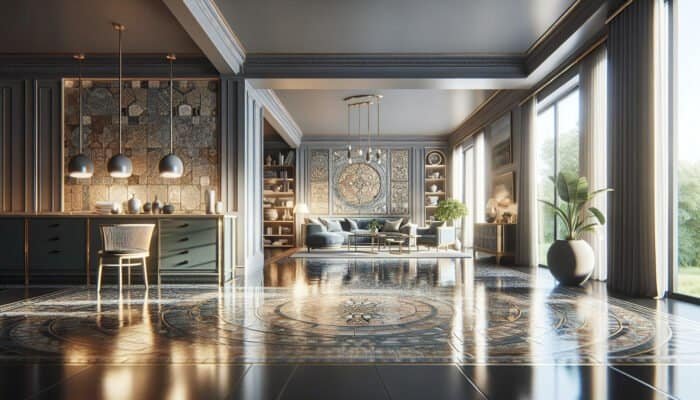 A gleaming slate floor in a Pilton home, showcasing local heritage and a luxurious sheen.