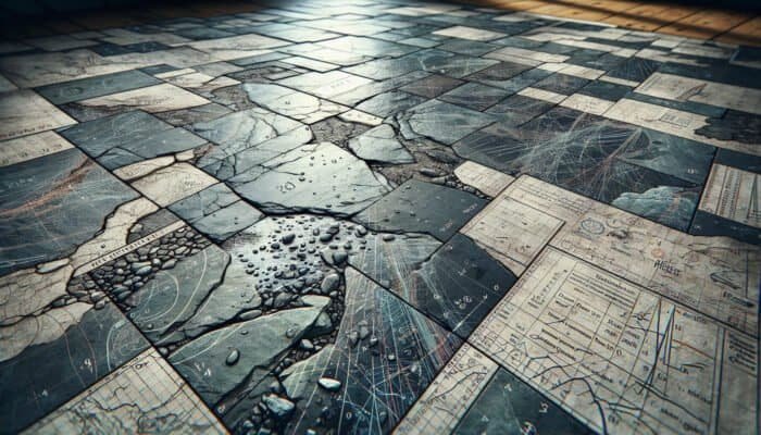 Close-up of a slate floor in Pilton displaying cracks and chips, illustrating moisture penetration from rainfall.