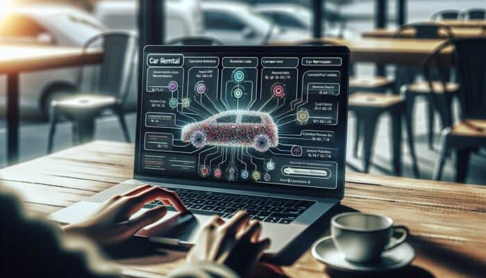 Individual at a café using a laptop to compare car rental options and prices on an aggregator website.