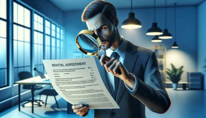 Individual using a magnifying glass to read a rental agreement, focusing on insurance and fees with concern.