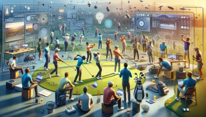 South African golfers utilising laptops and smartphones, engaging in a community forum with local expert support for swing analysis.