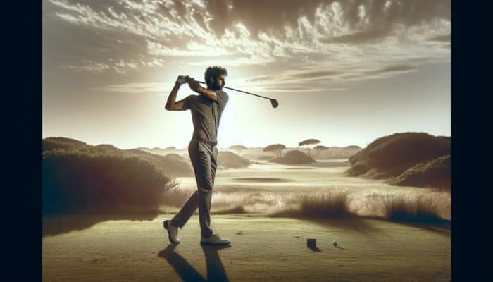 Golfer swinging on a South African course at mid-morning with optimal lighting and simple background.
