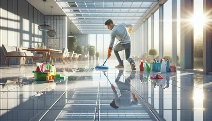 A professional cleaner scrubbing large tile floors in a sunlit conservatory, showcasing the cleaning effort and scale.