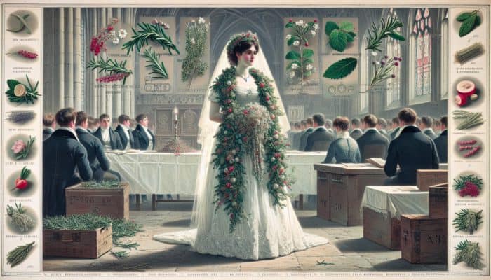 A bride adorned with rosemary garlands during an ancient UK ceremony, symbolising love and memory enhancement.