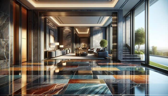 Elegant interior showcasing glossy polished slate floors in diverse colours, enhancing a sophisticated home in Barnes Cray.