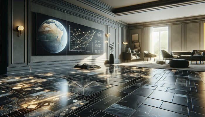 Polished slate flooring installation in a modern living area, showcasing the reflective surface and tile laying process.