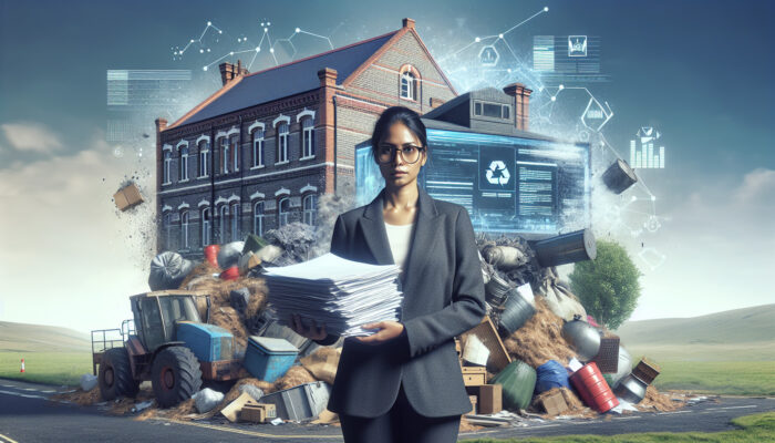 Individual with council permits in front of a residence surrounded by bulky items and hazardous waste, with a UK town hall in the background.